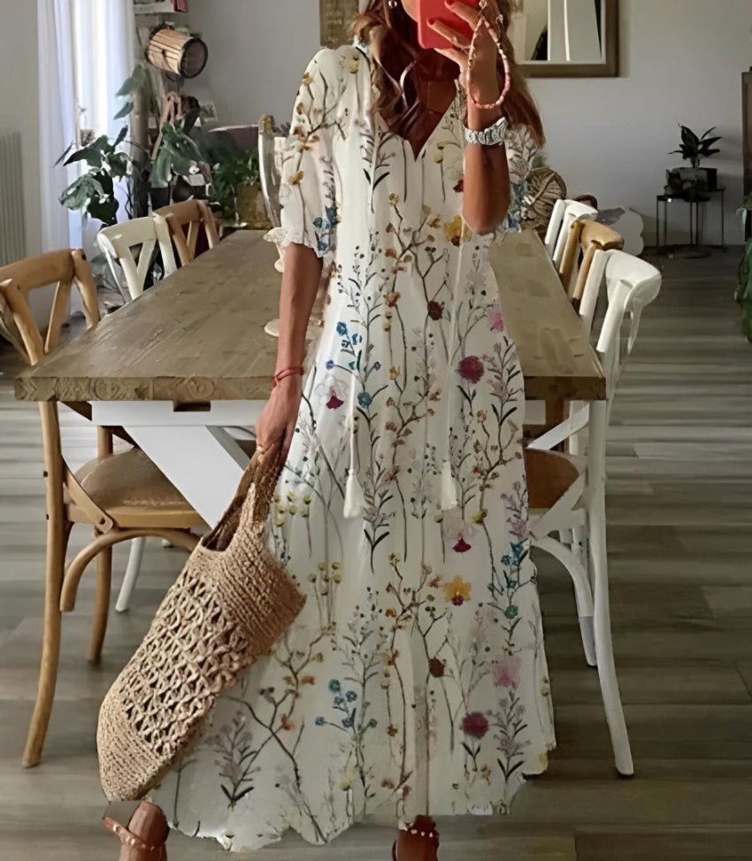 Boho Vintage V-Neck Printed Dress