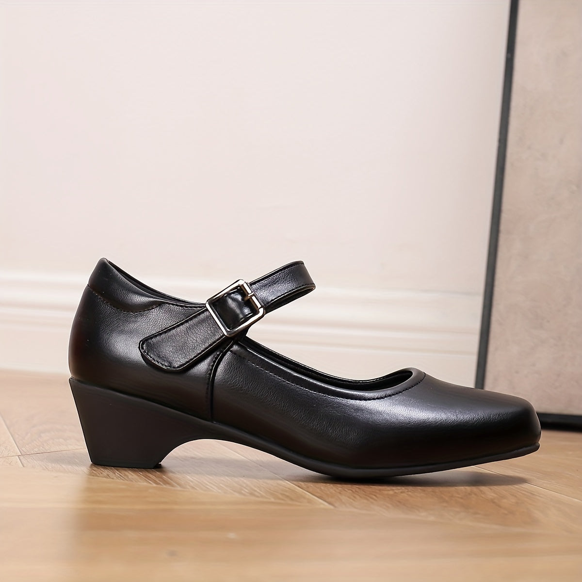 Black Leather Block Heel Mary Janes
