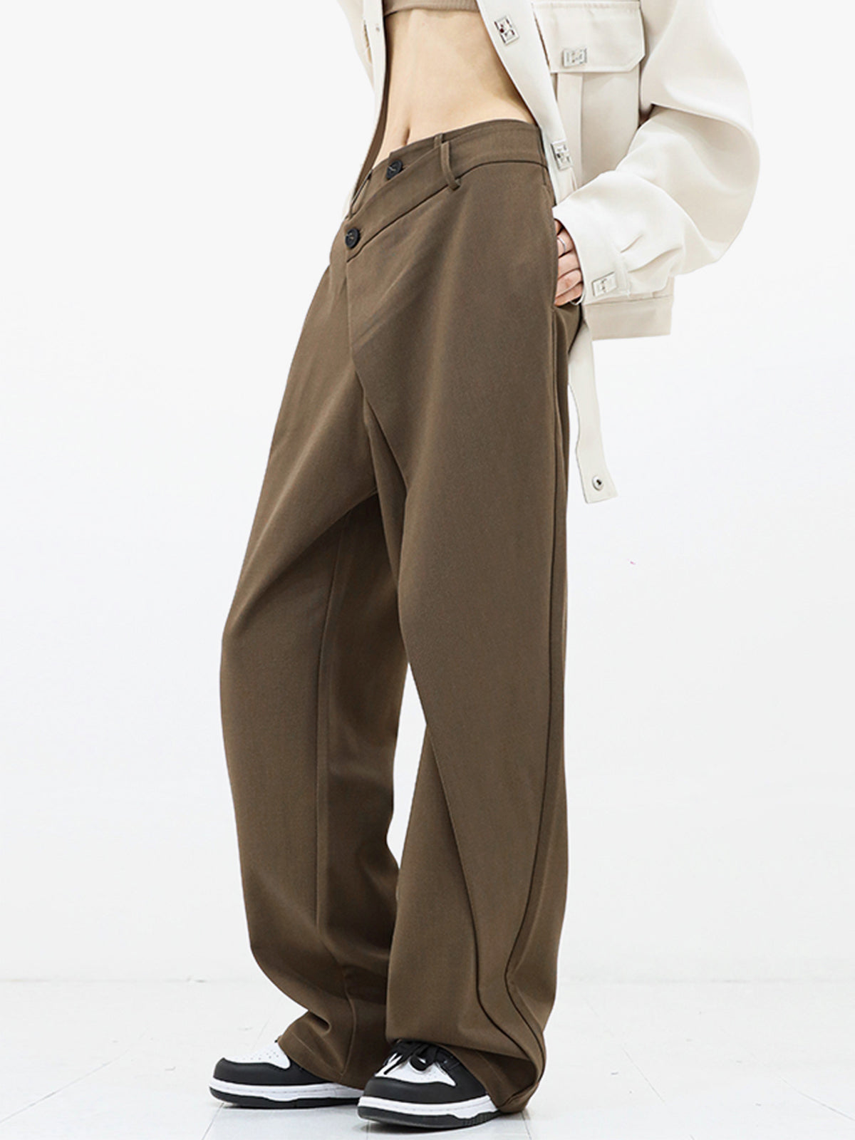 Asymmetrical Layered Button Wide-Leg Dress Pants