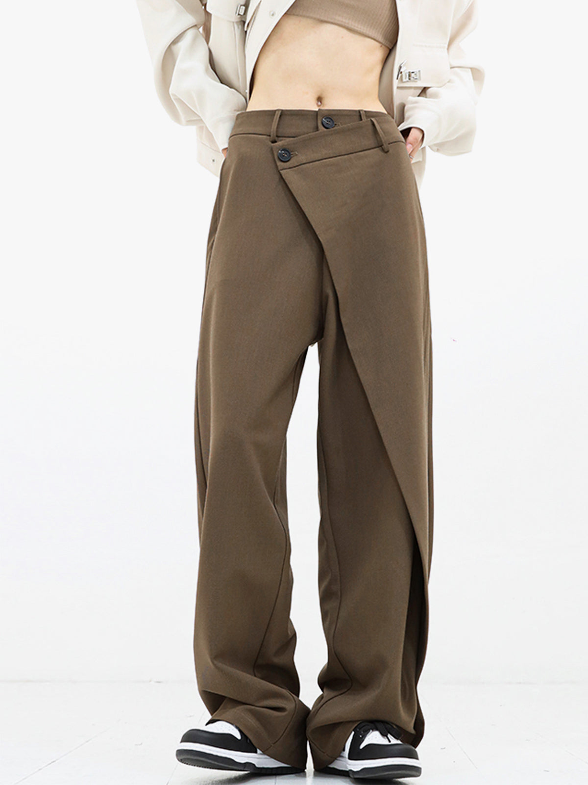 Asymmetrical Layered Button Wide-Leg Dress Pants