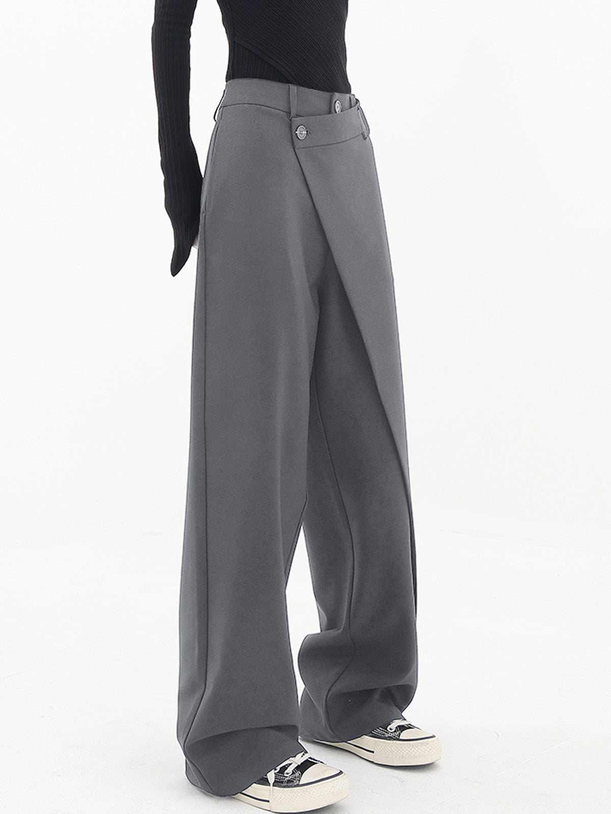 Asymmetrical Layered Button Wide-Leg Dress Pants