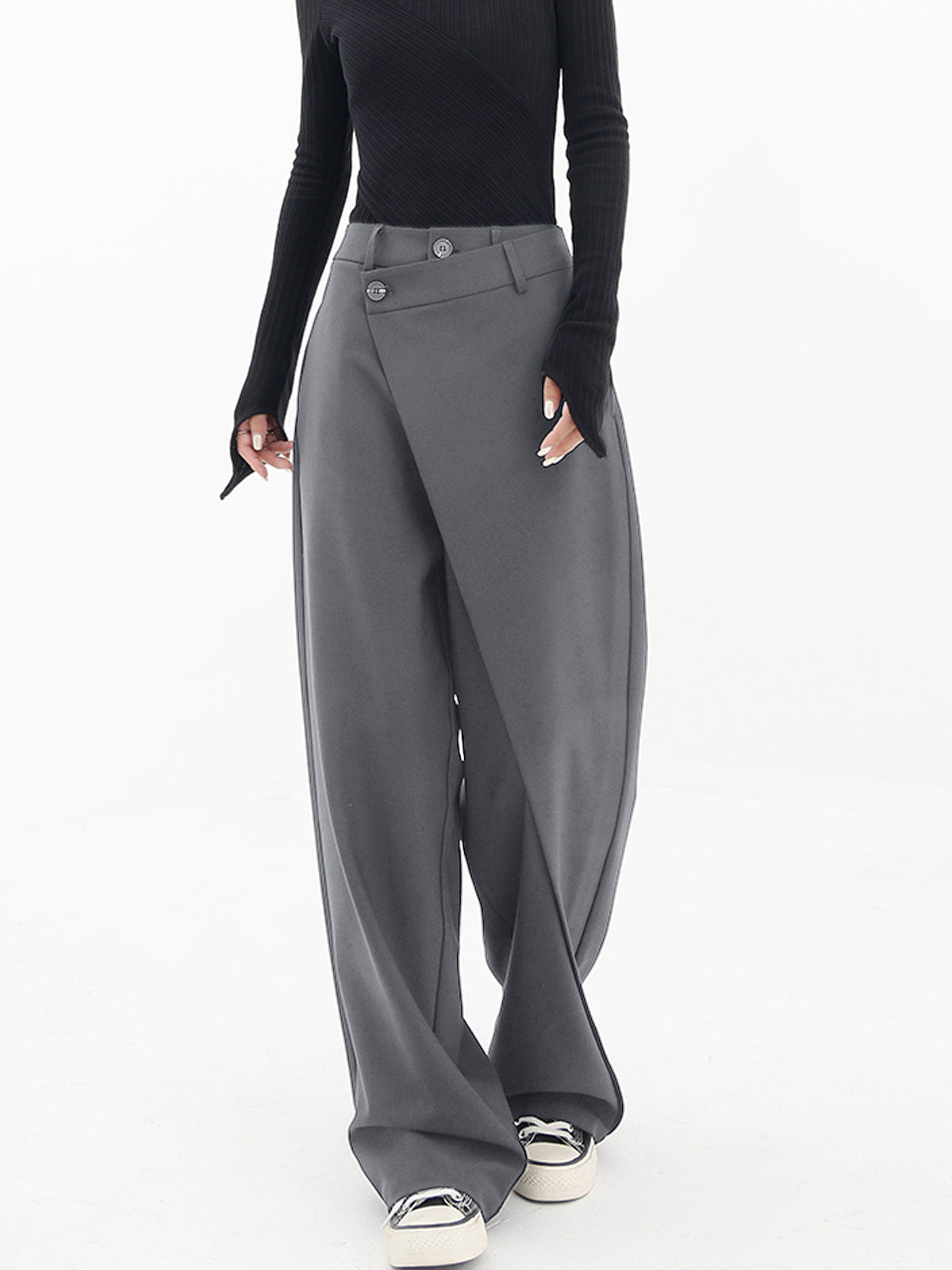 Asymmetrical Layered Button Wide-Leg Dress Pants