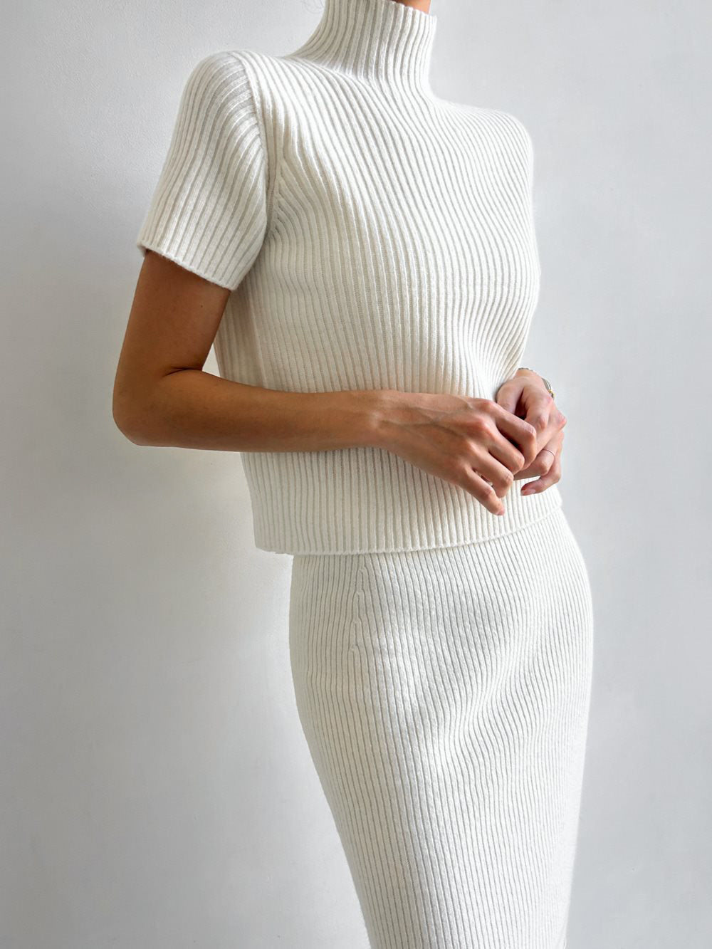 Solid High Neck Ribbed Knit Two-Piece Skirt Set with Split Detail