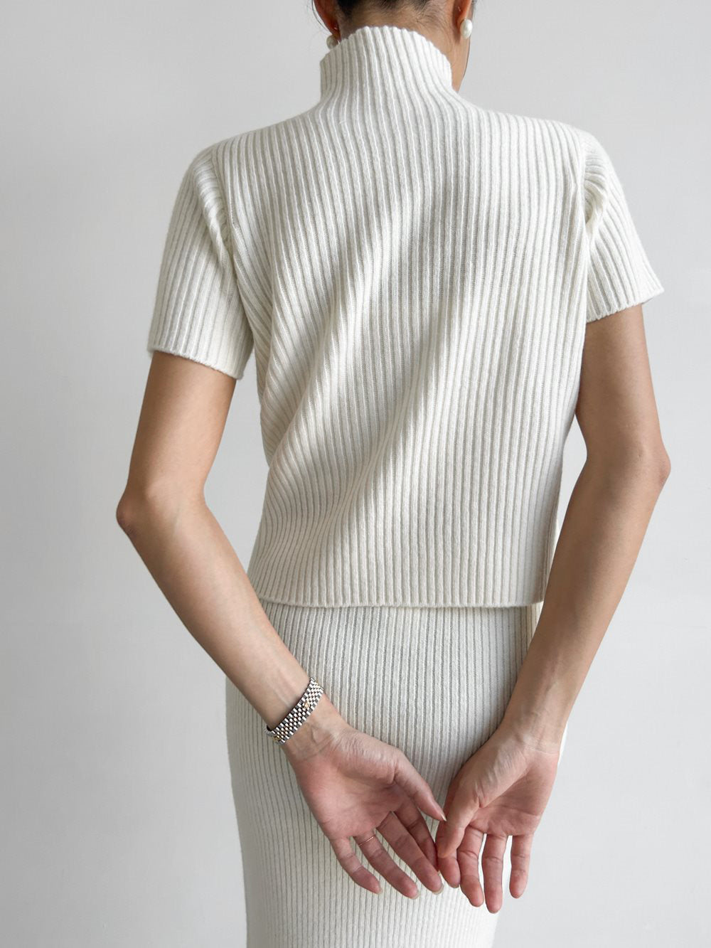 Solid High Neck Ribbed Knit Two-Piece Skirt Set with Split Detail