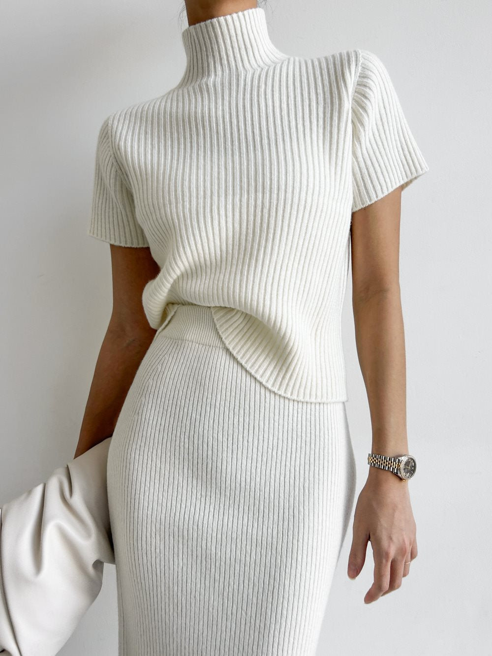 Solid High Neck Ribbed Knit Two-Piece Skirt Set with Split Detail
