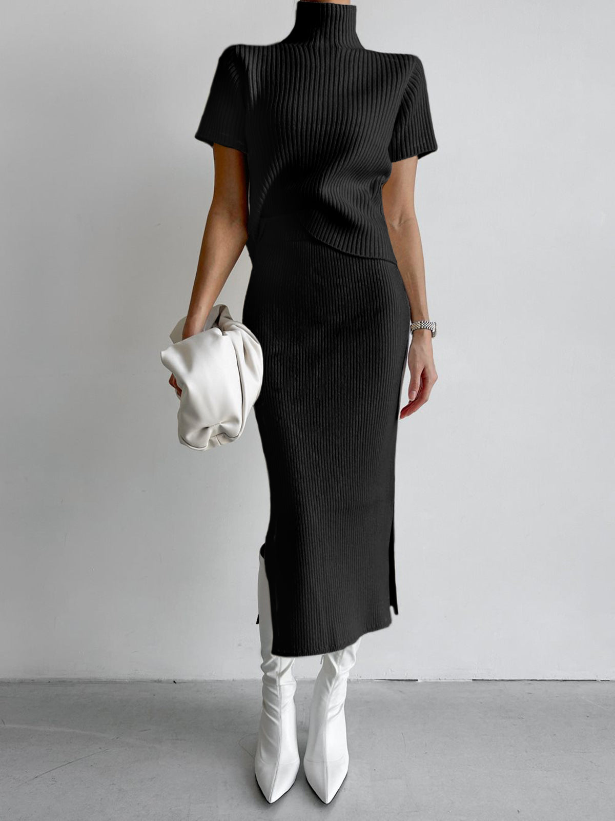 Solid High Neck Ribbed Knit Two-Piece Skirt Set with Split Detail