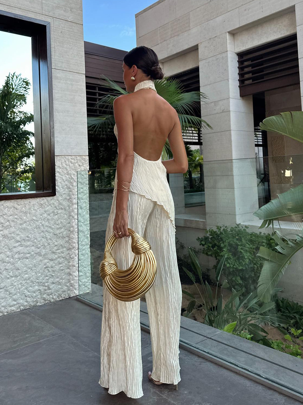 Asymmetrical Halter Crop Top and Wide Leg Pants Set