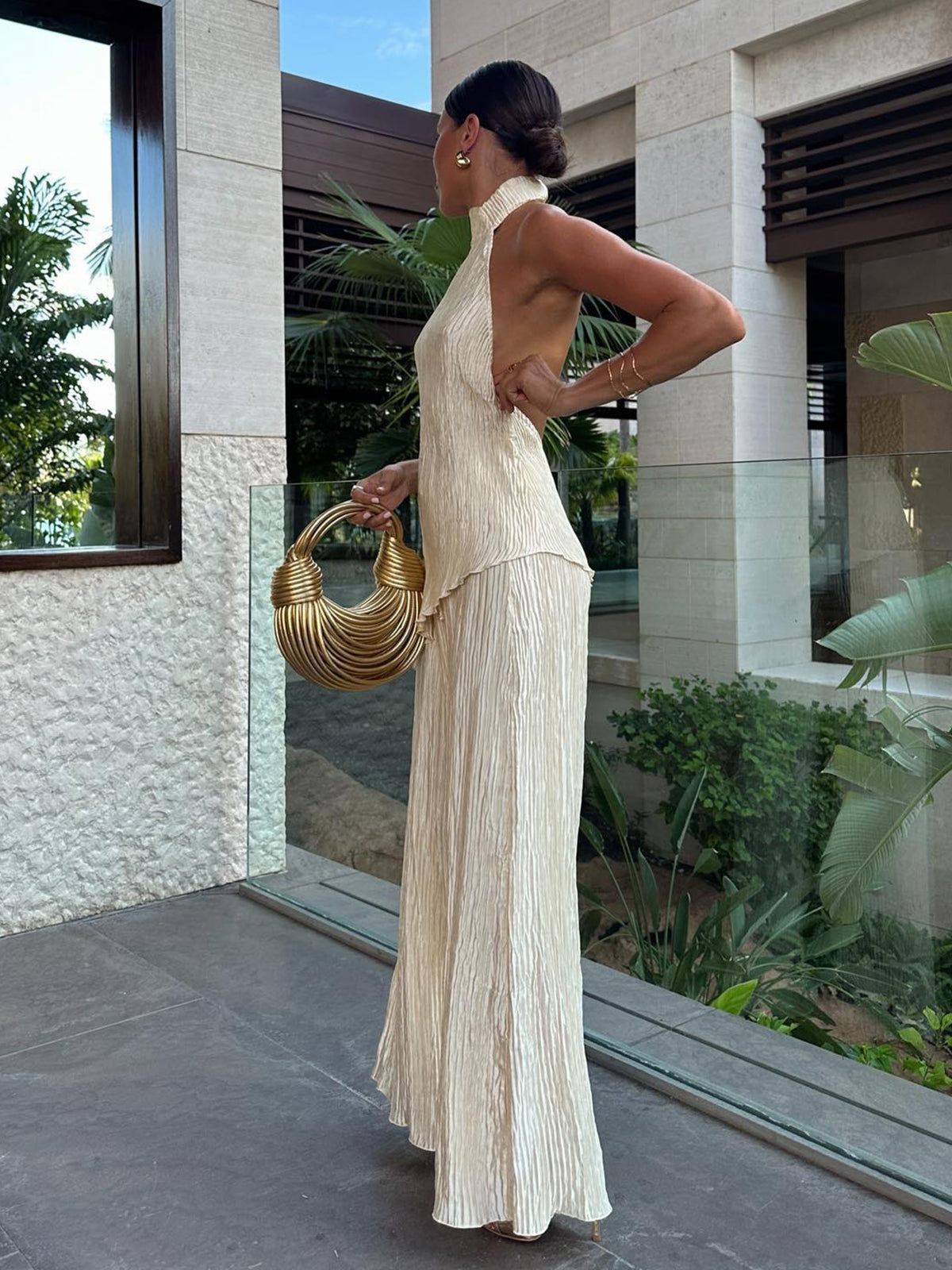 Asymmetrical Halter Crop Top and Wide Leg Pants Set