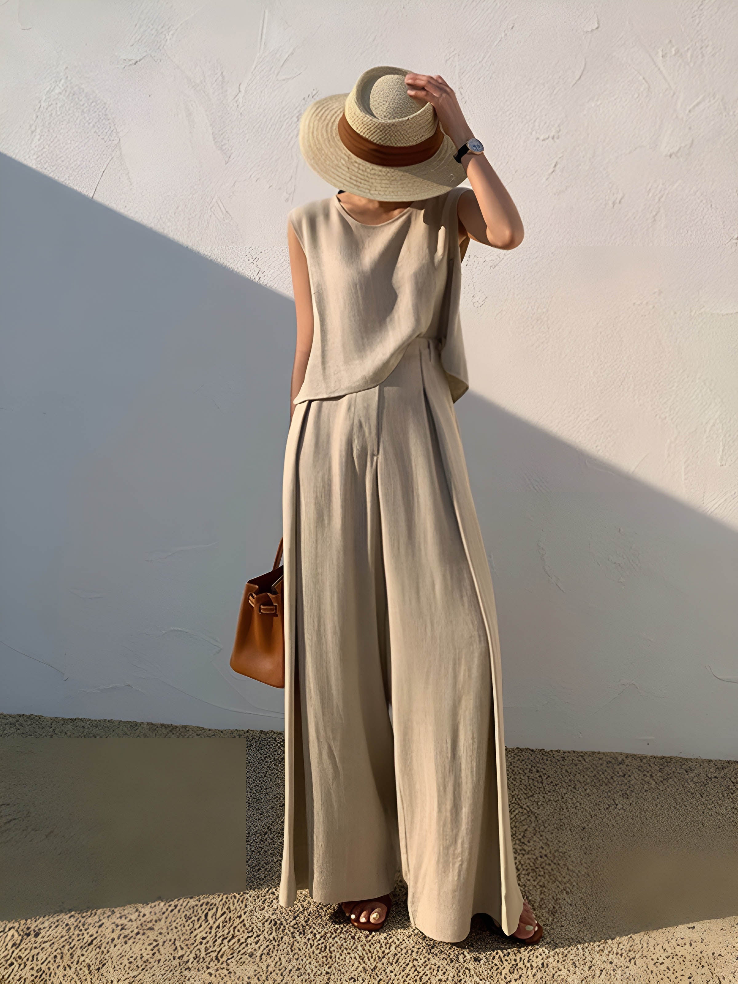 Linen Blend Casual Pants Set