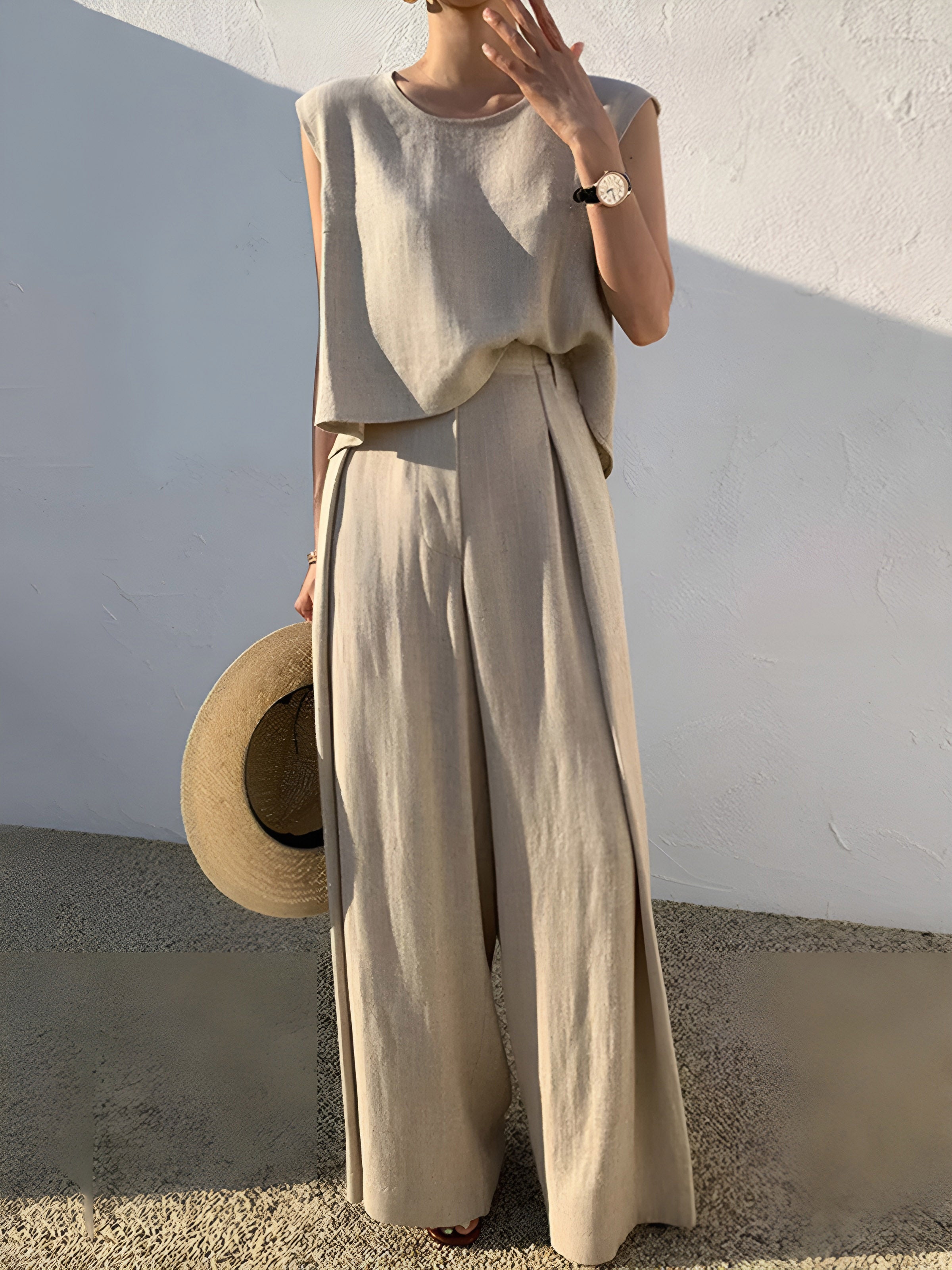 Linen Blend Casual Pants Set