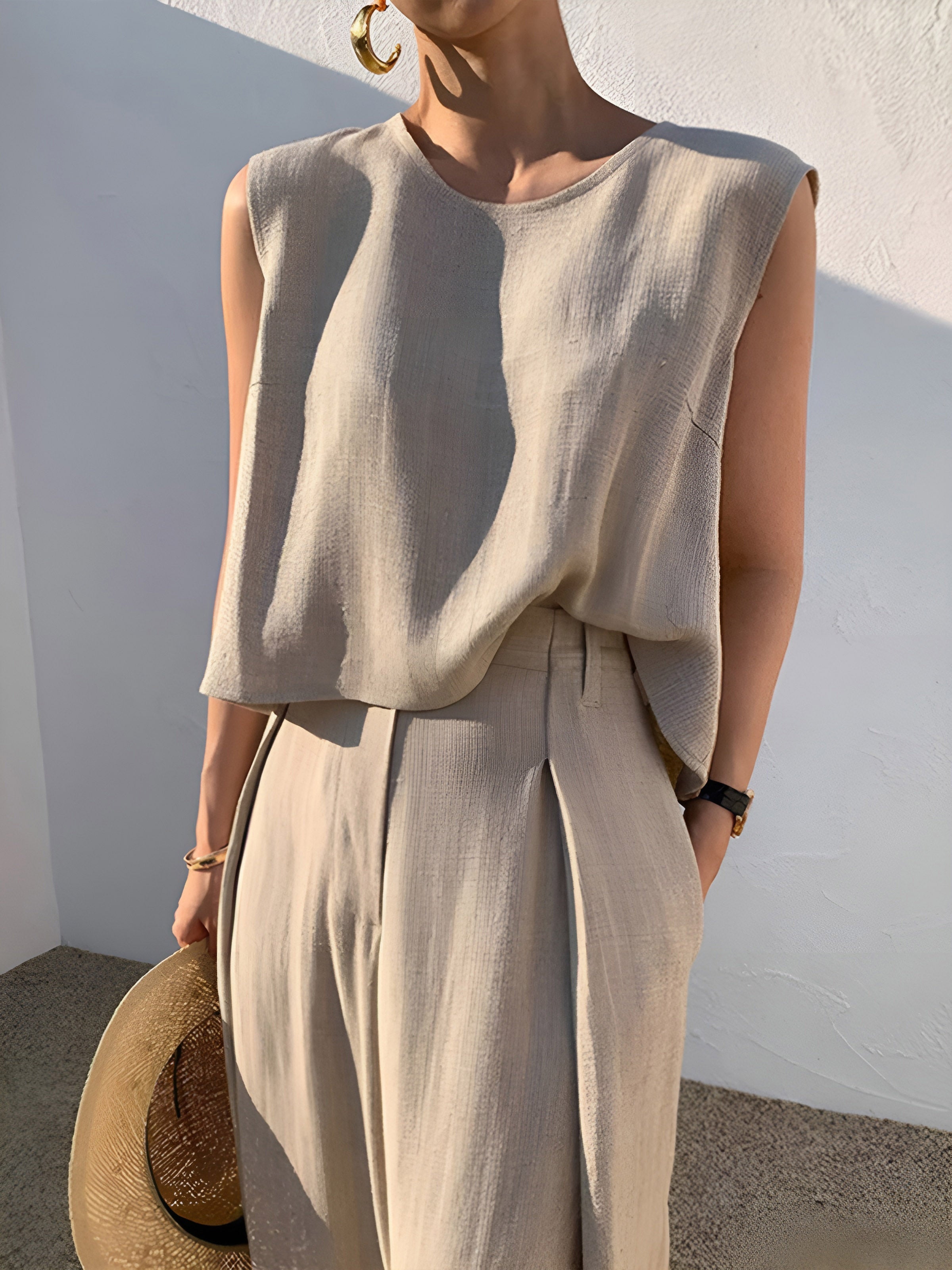 Linen Blend Casual Pants Set