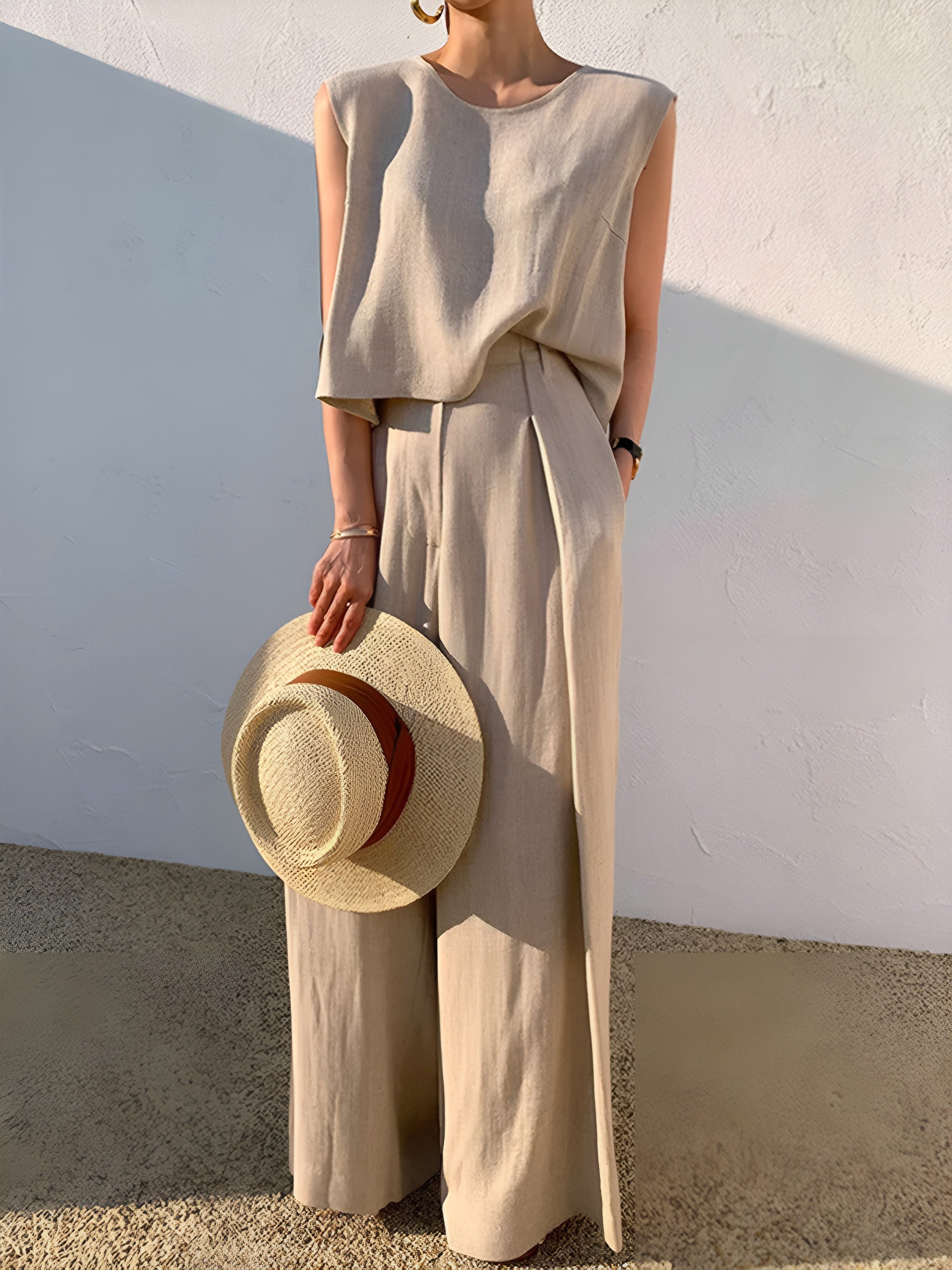 Linen Blend Casual Pants Set