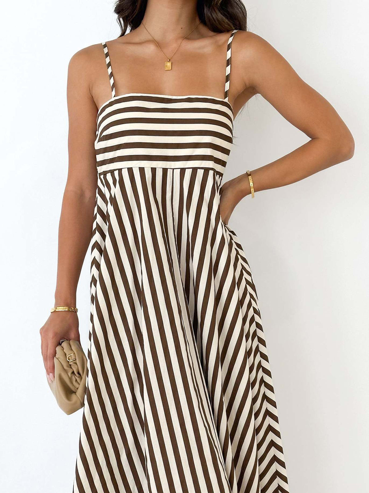 Striped Pleated Camisole Long Dress