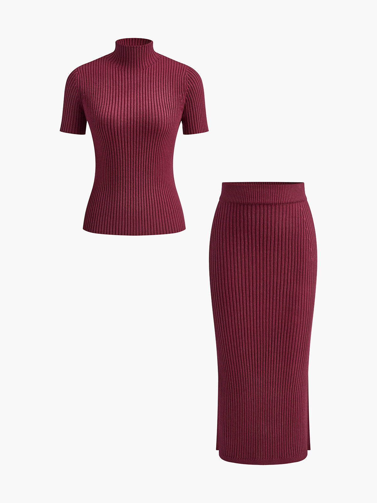 Solid High Neck Ribbed Knit Two-Piece Skirt Set with Split Detail