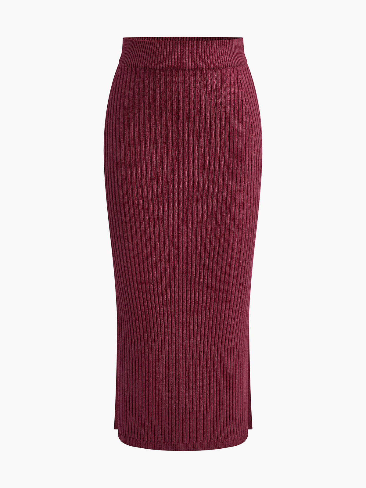 Solid High Neck Ribbed Knit Two-Piece Skirt Set with Split Detail