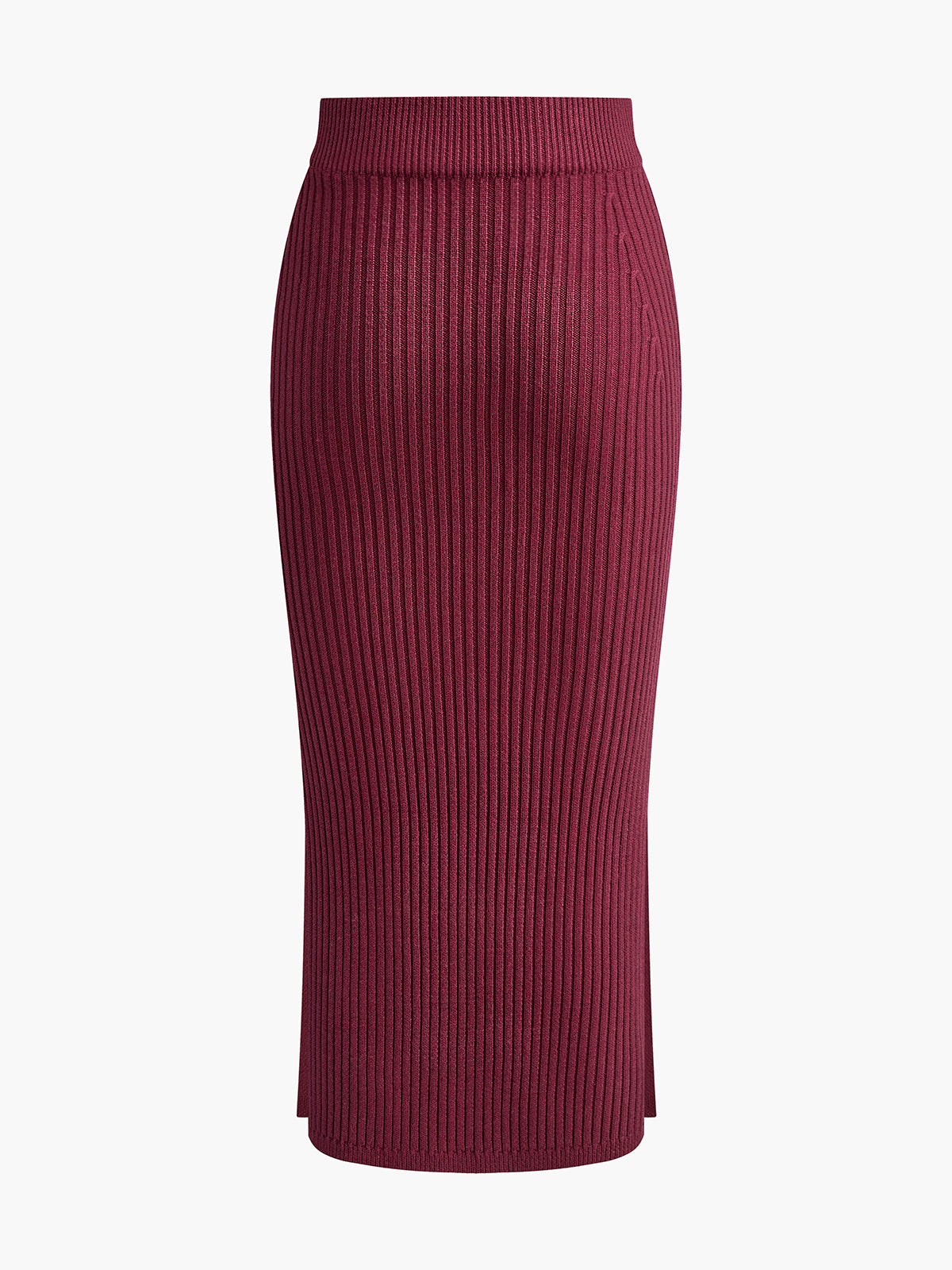 Solid High Neck Ribbed Knit Two-Piece Skirt Set with Split Detail
