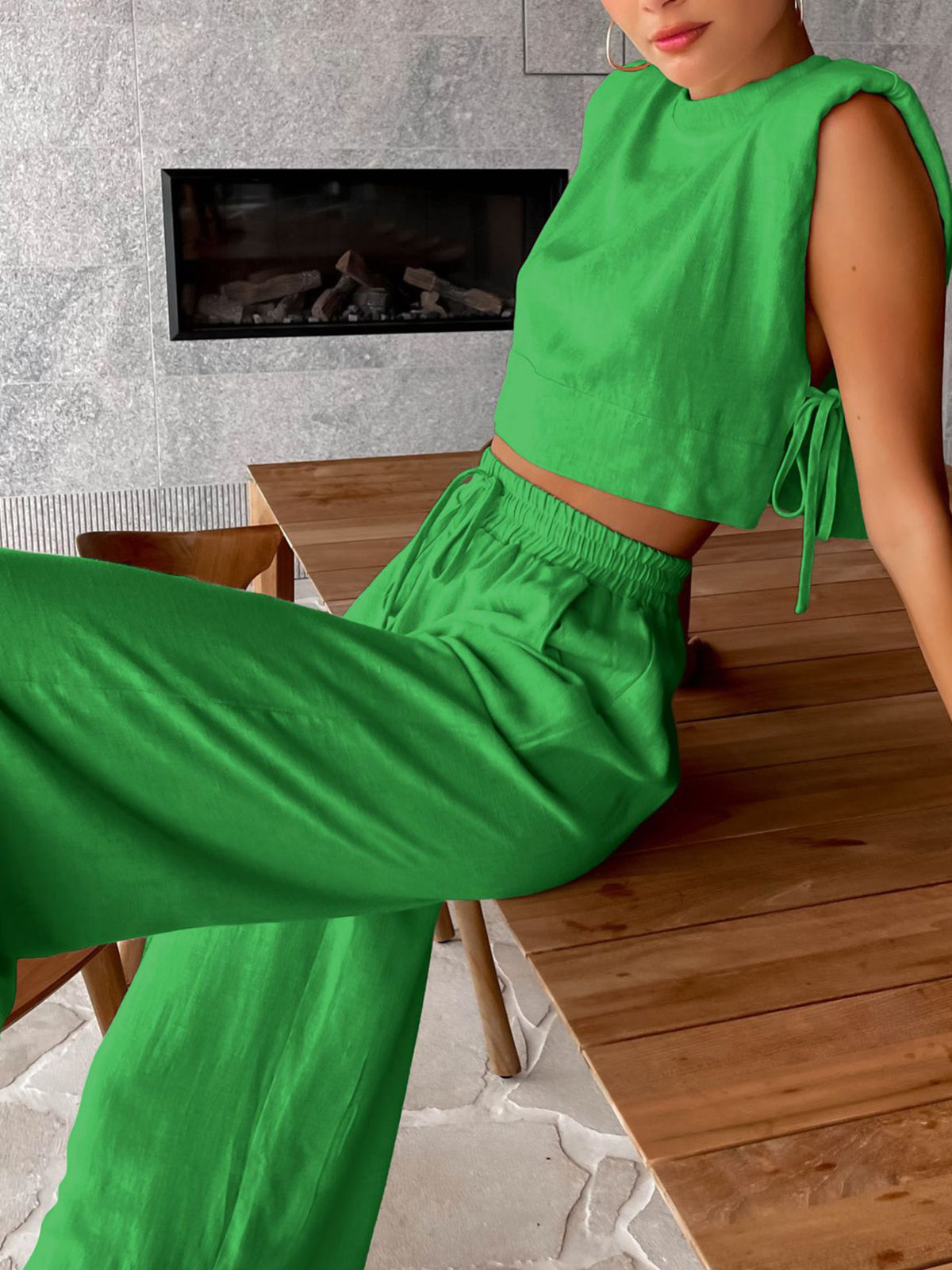 Utility Linen Two-Piece Wide-Leg Pants Set