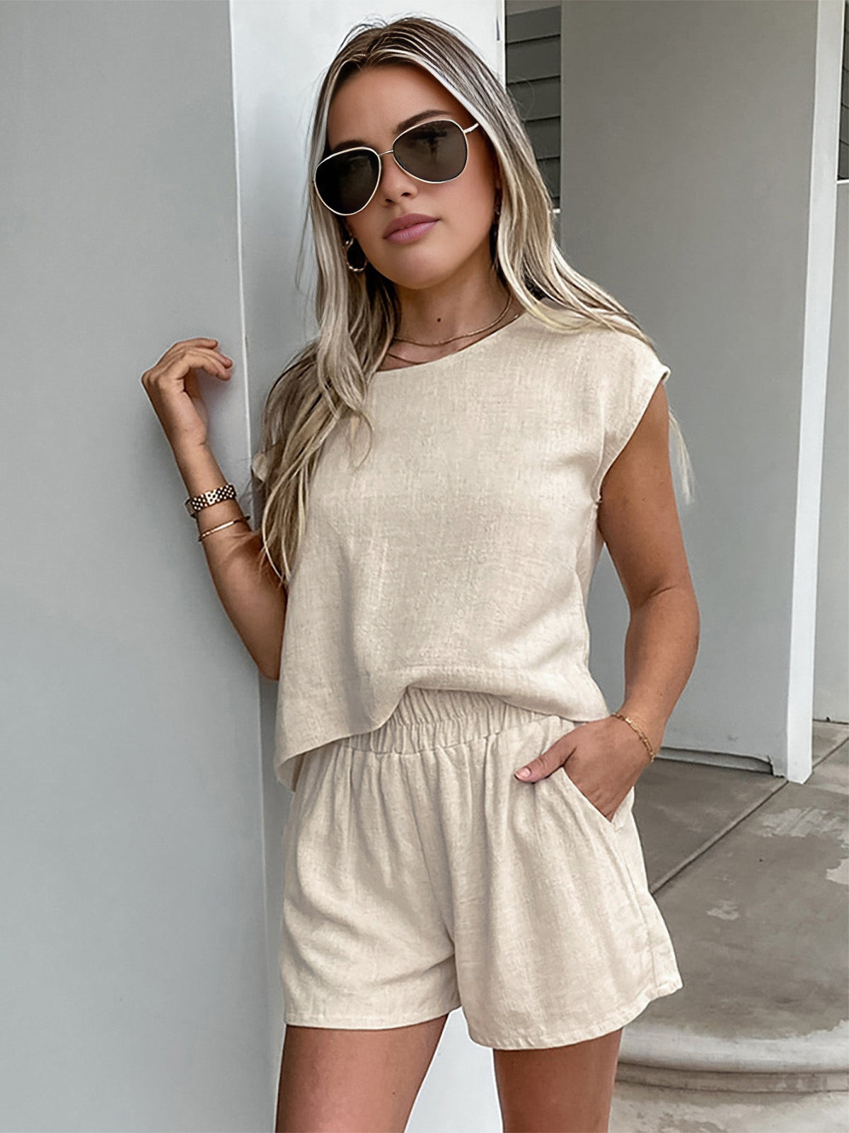 Cotton and Linen Pocket Shorts Set