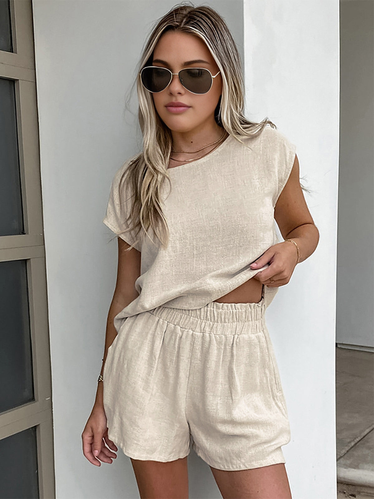Cotton and Linen Pocket Shorts Set