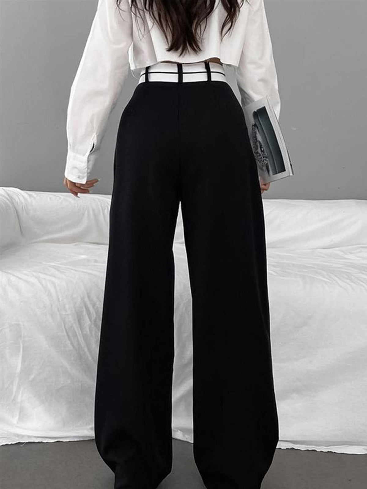 Asymmetrical Wide Leg Dress Pants with Contrast Waistband