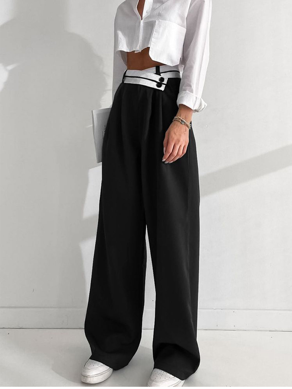 Asymmetrical Wide Leg Dress Pants with Contrast Waistband