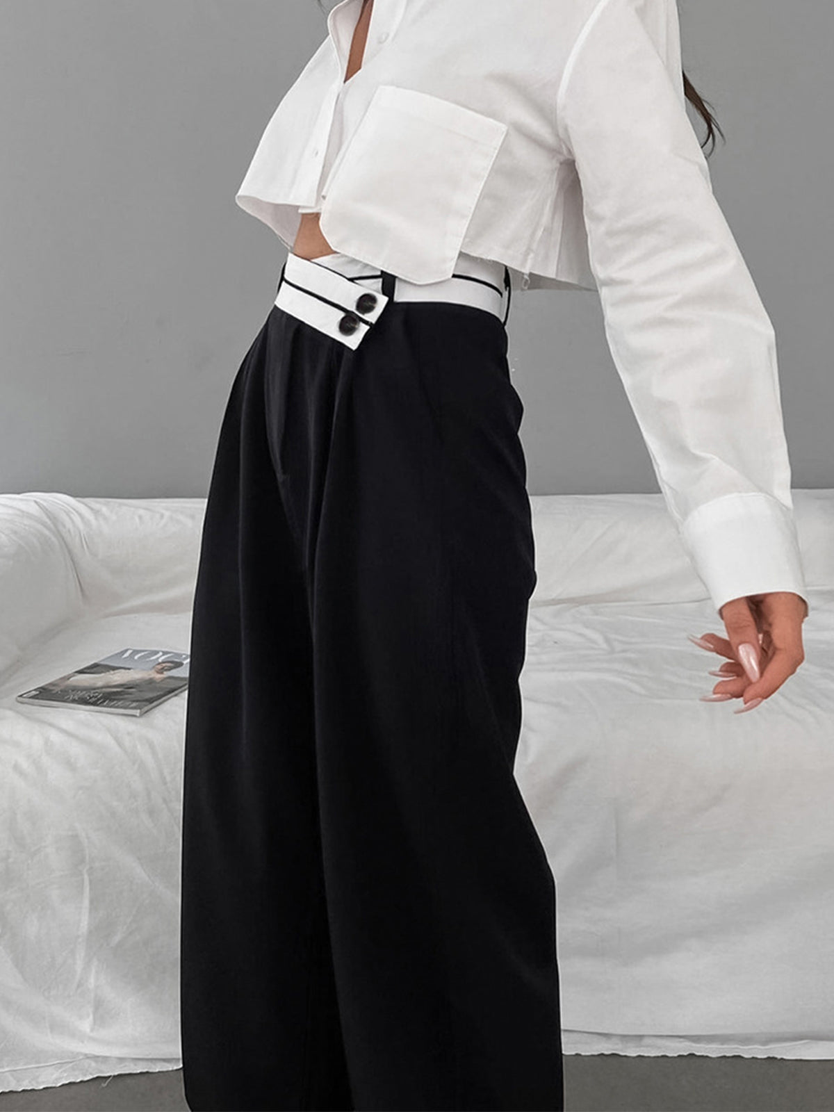 Asymmetrical Wide Leg Dress Pants with Contrast Waistband