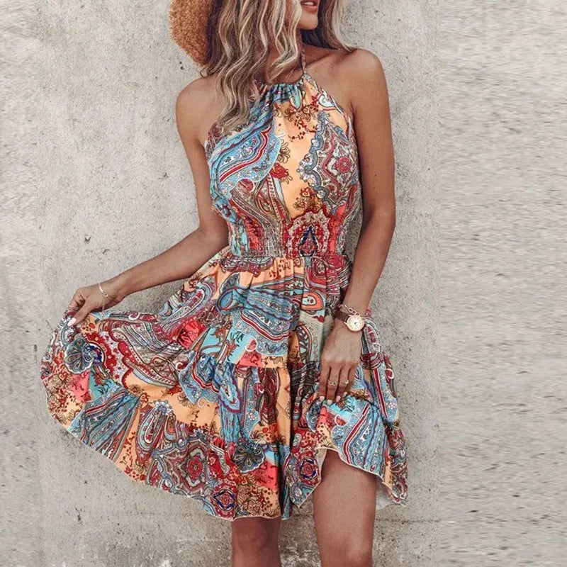 Backless Irregular Printed Mini Dress