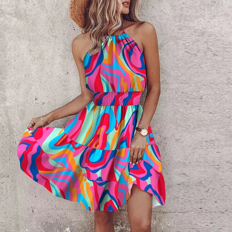 Backless Irregular Printed Mini Dress
