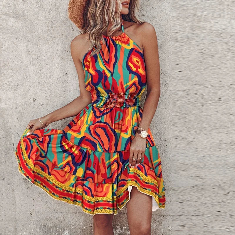 Backless Irregular Printed Mini Dress