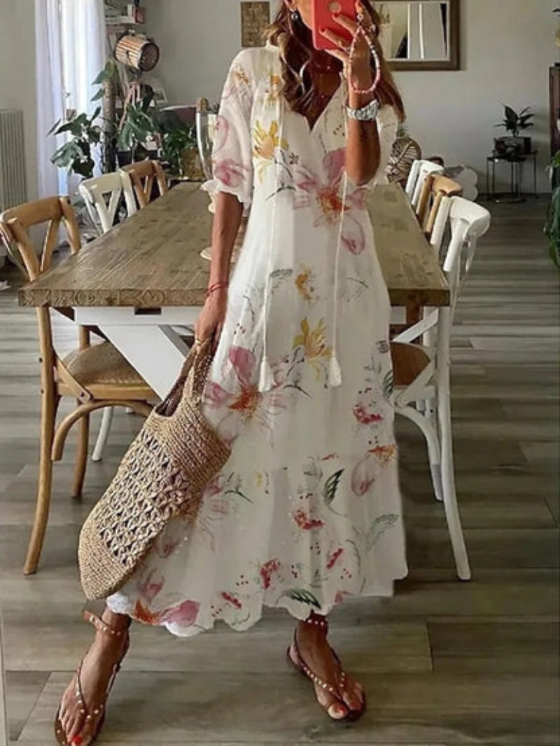 Boho Vintage V-Neck Printed Dress