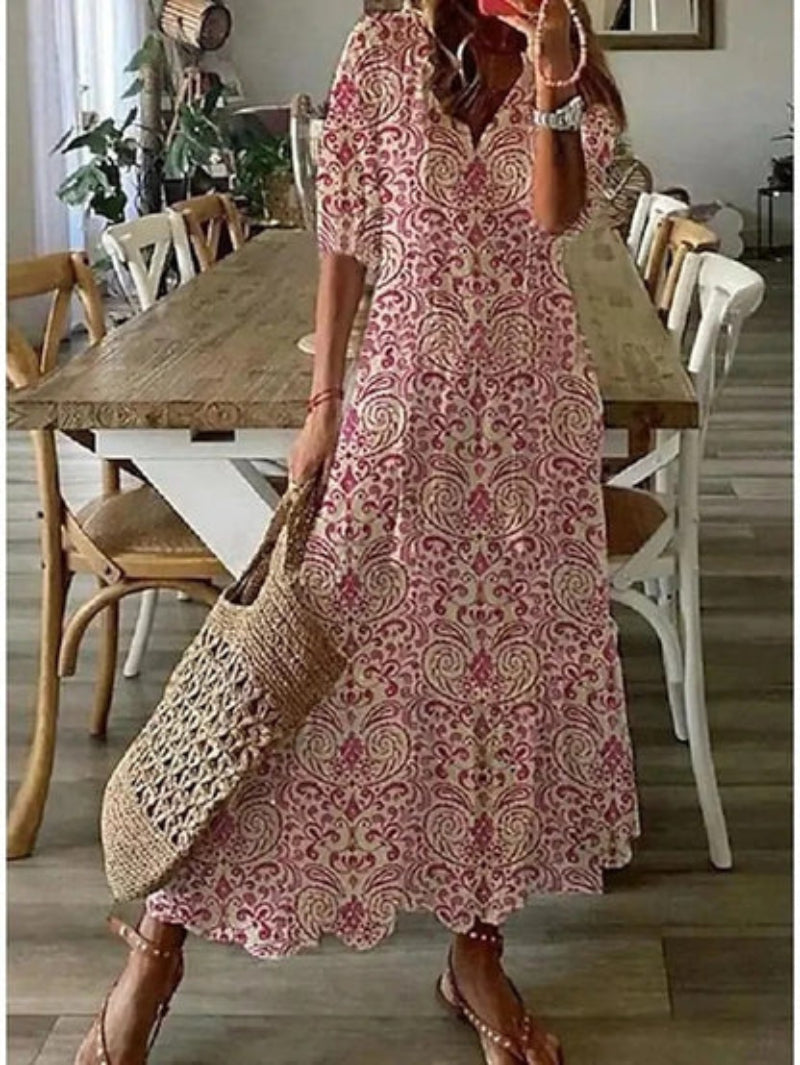 Boho Vintage V-Neck Printed Dress