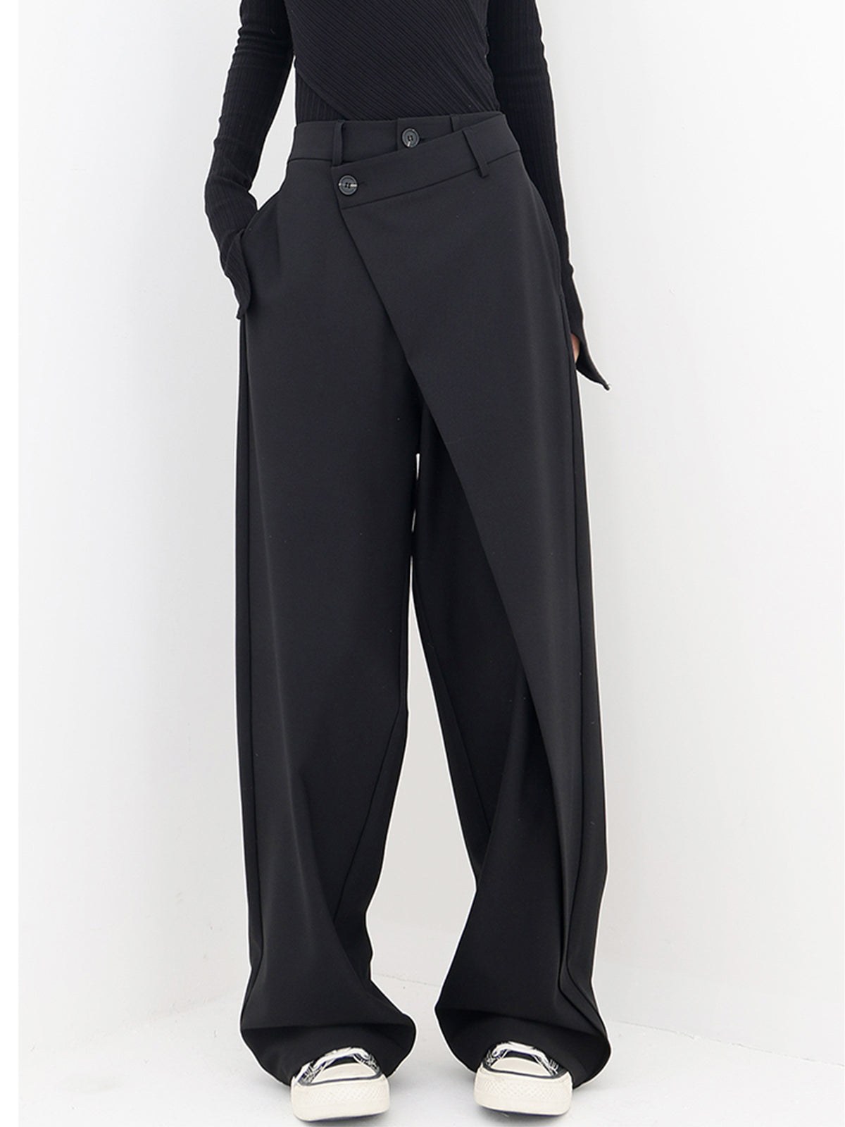 Asymmetrical Layered Button Wide-Leg Dress Pants