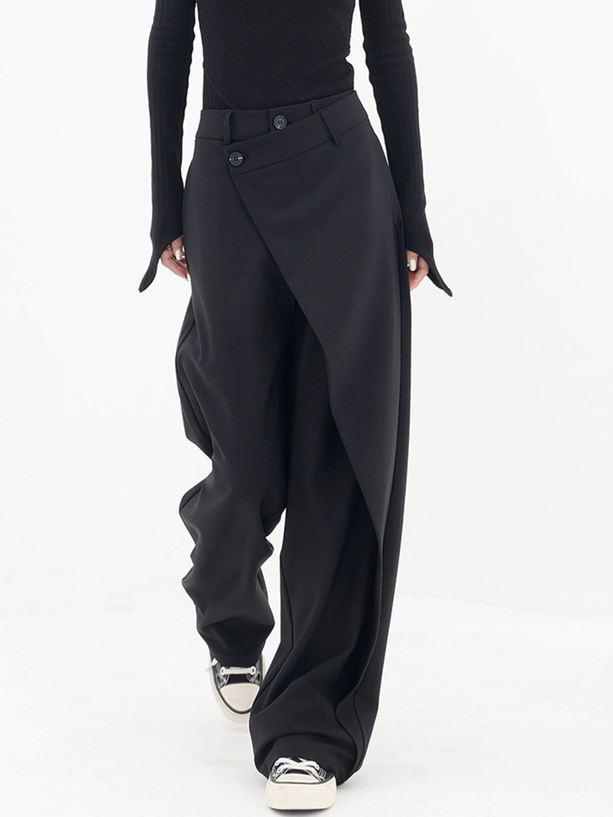 Asymmetrical Layered Button Wide-Leg Dress Pants