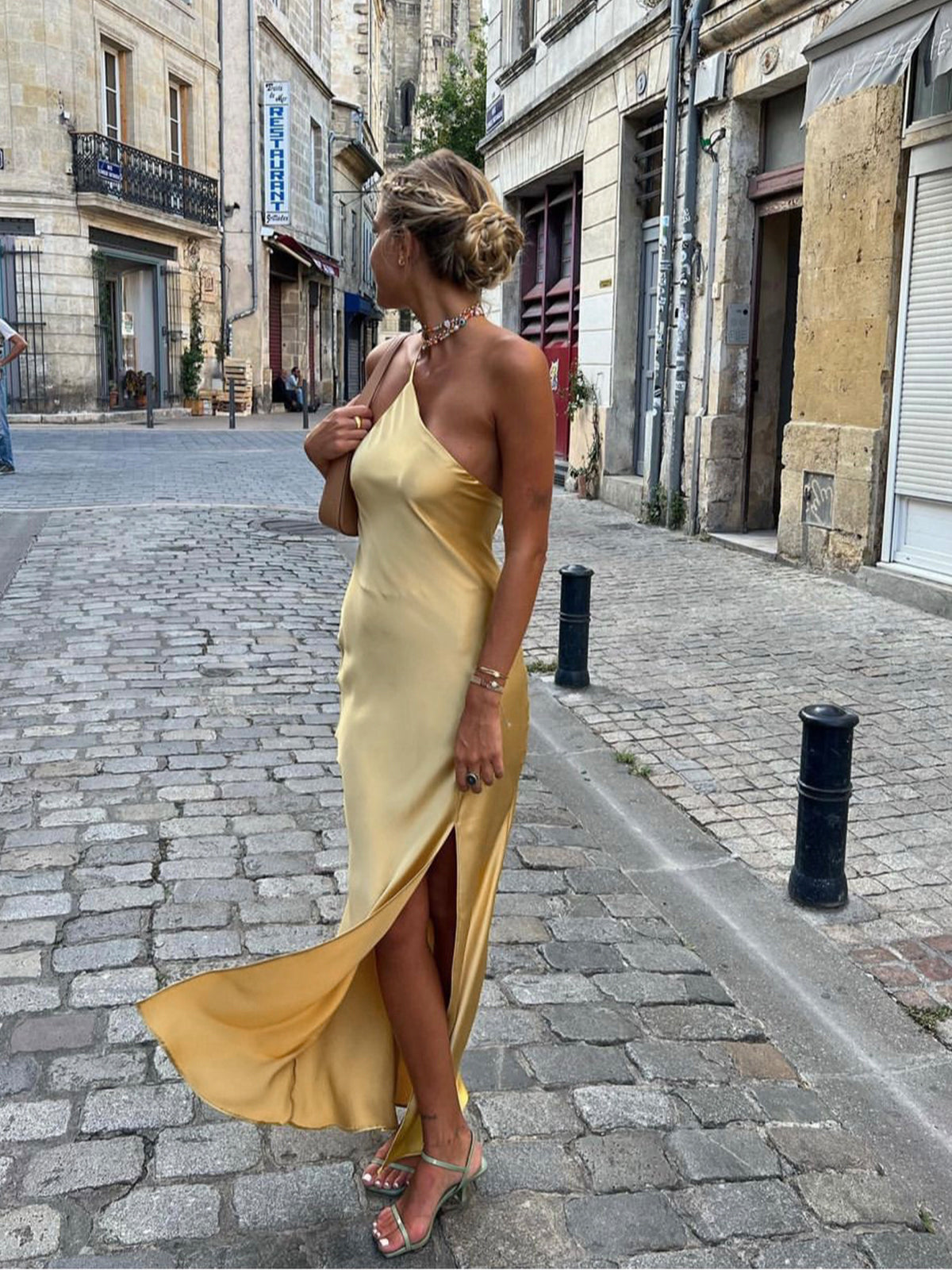 Moonlight Satin Long Dress with Open Back and Slit