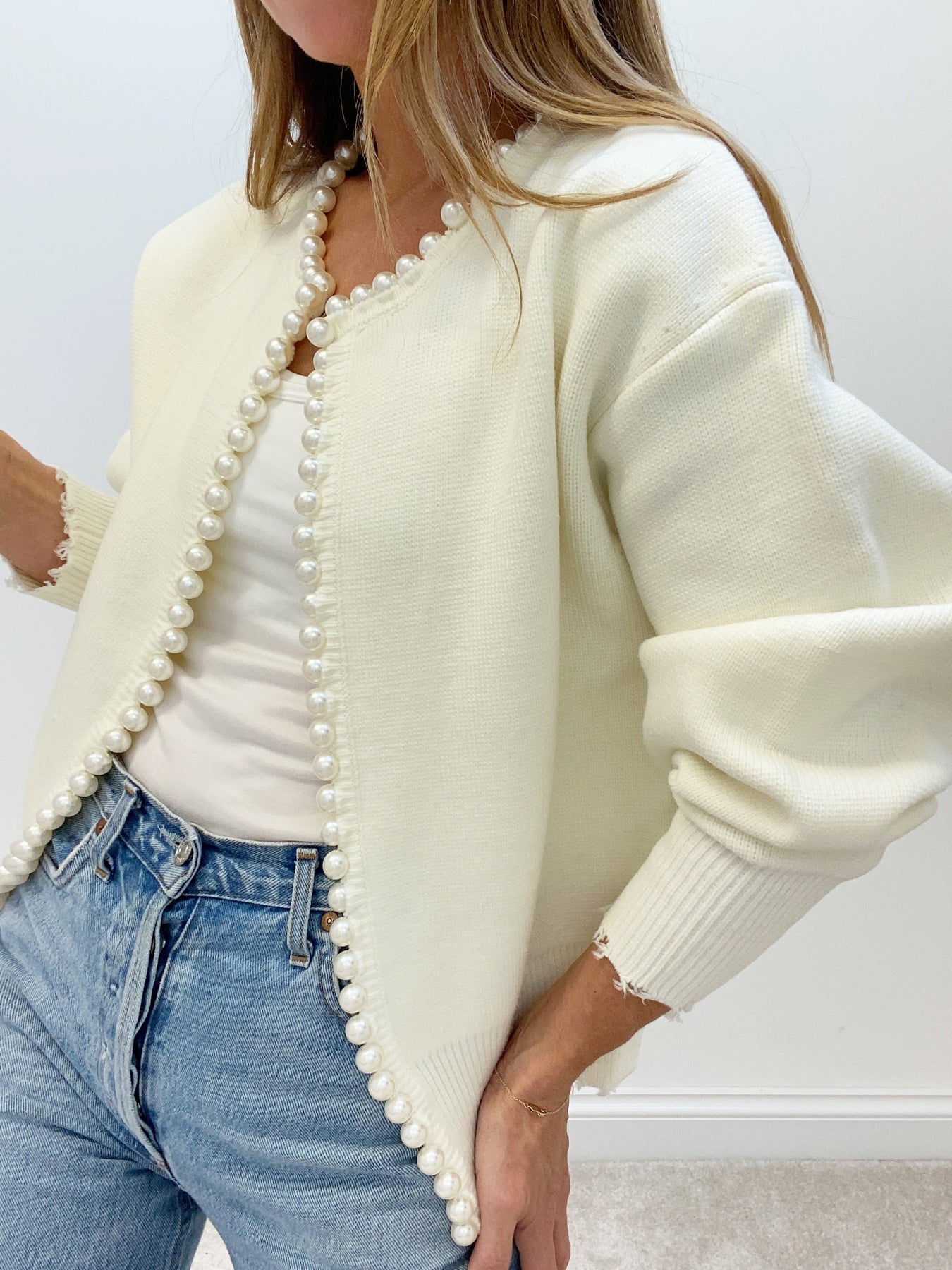 Pearl-Trimmed Ripped Hem Cardigan