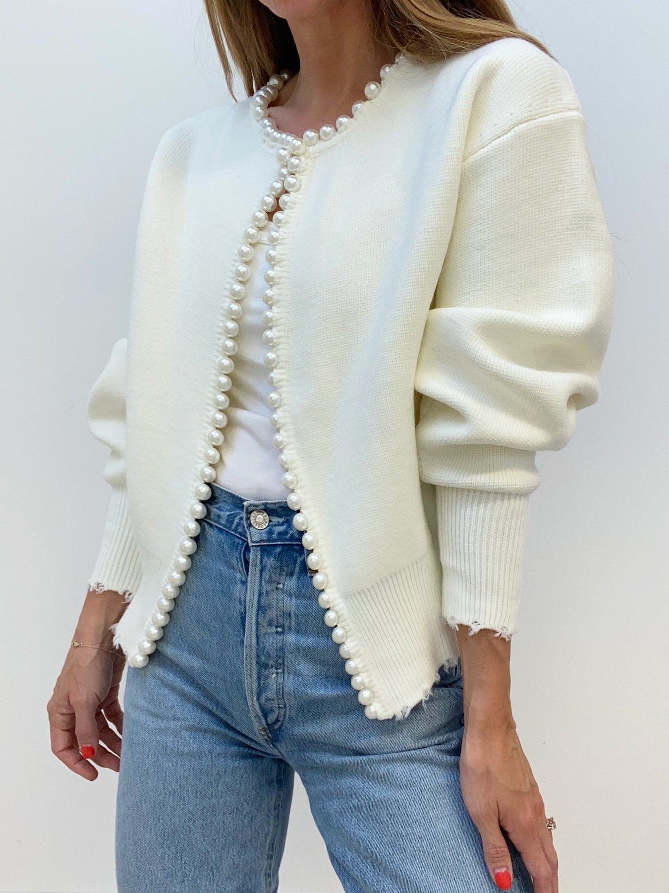 Pearl-Trimmed Ripped Hem Cardigan