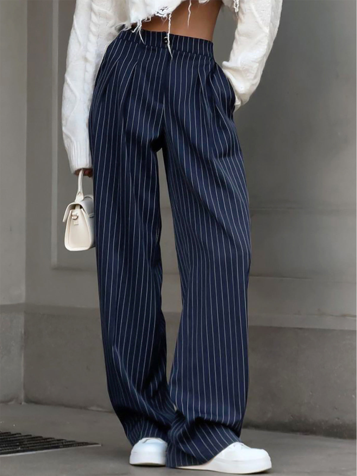 Pinstripe Pleated Wide-Leg Trousers