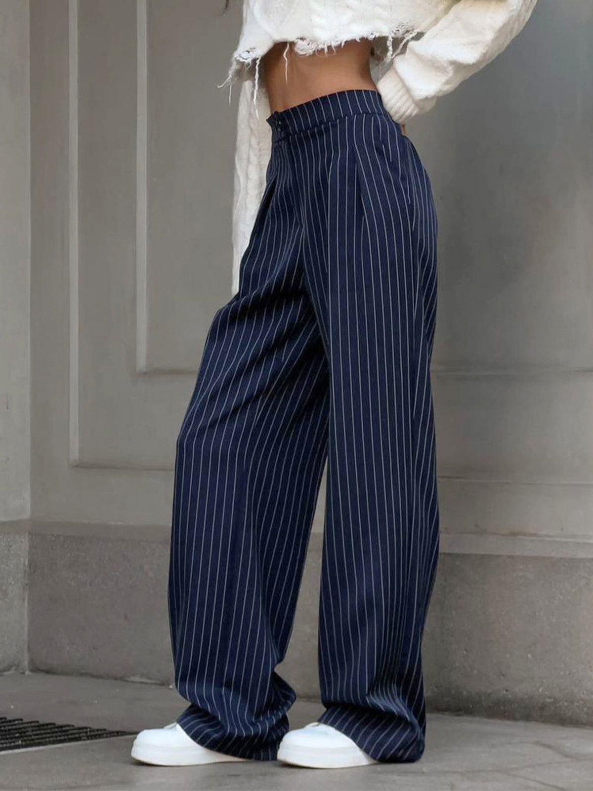 Pinstripe Pleated Wide-Leg Trousers