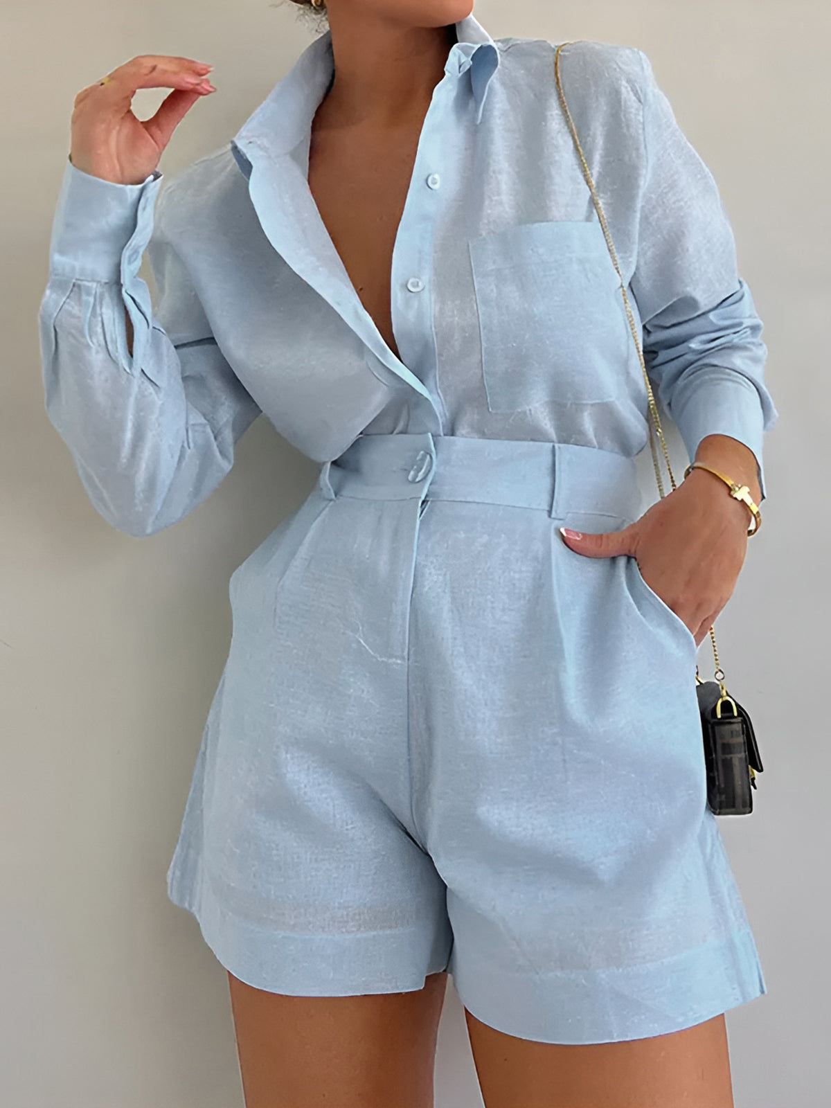 Long Sleeve Loose-Fitting Shorts Set
