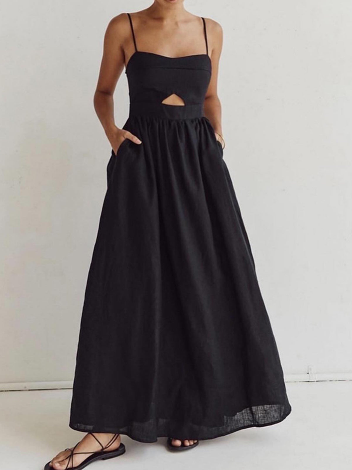 Cotton Sleeveless Long Dress with Pockets and Cutout Details