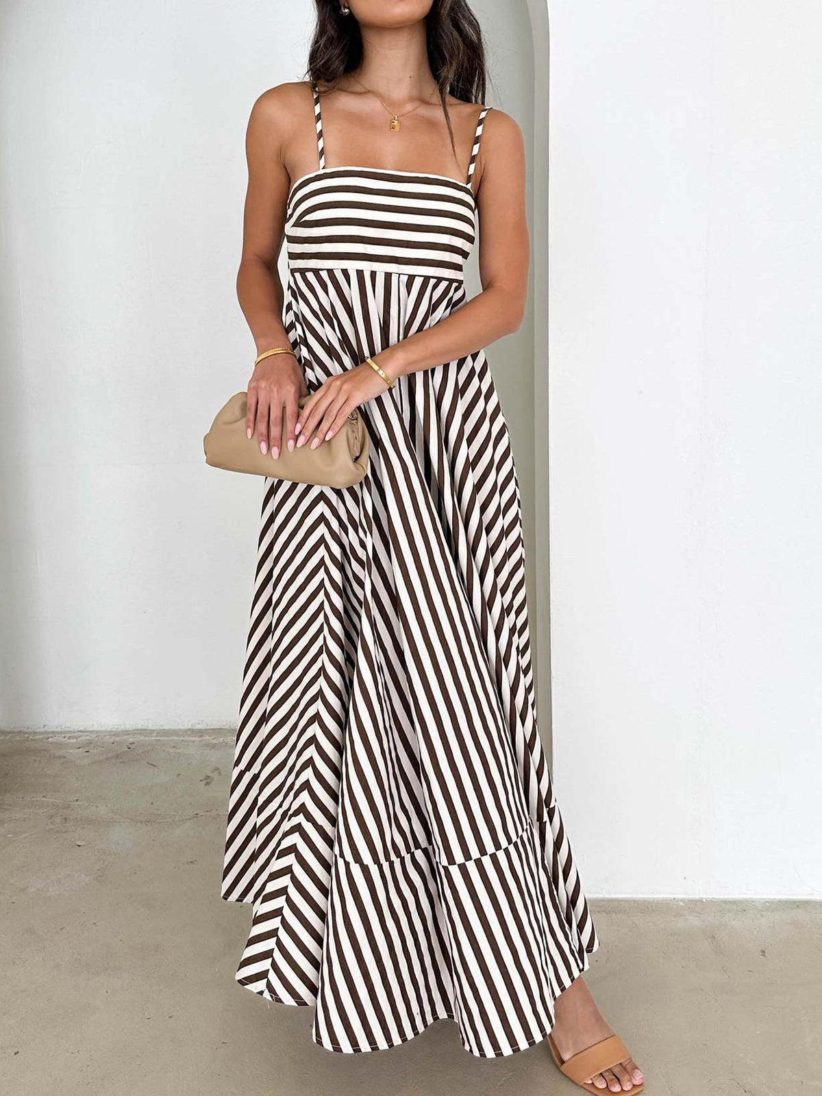 Striped Pleated Camisole Long Dress