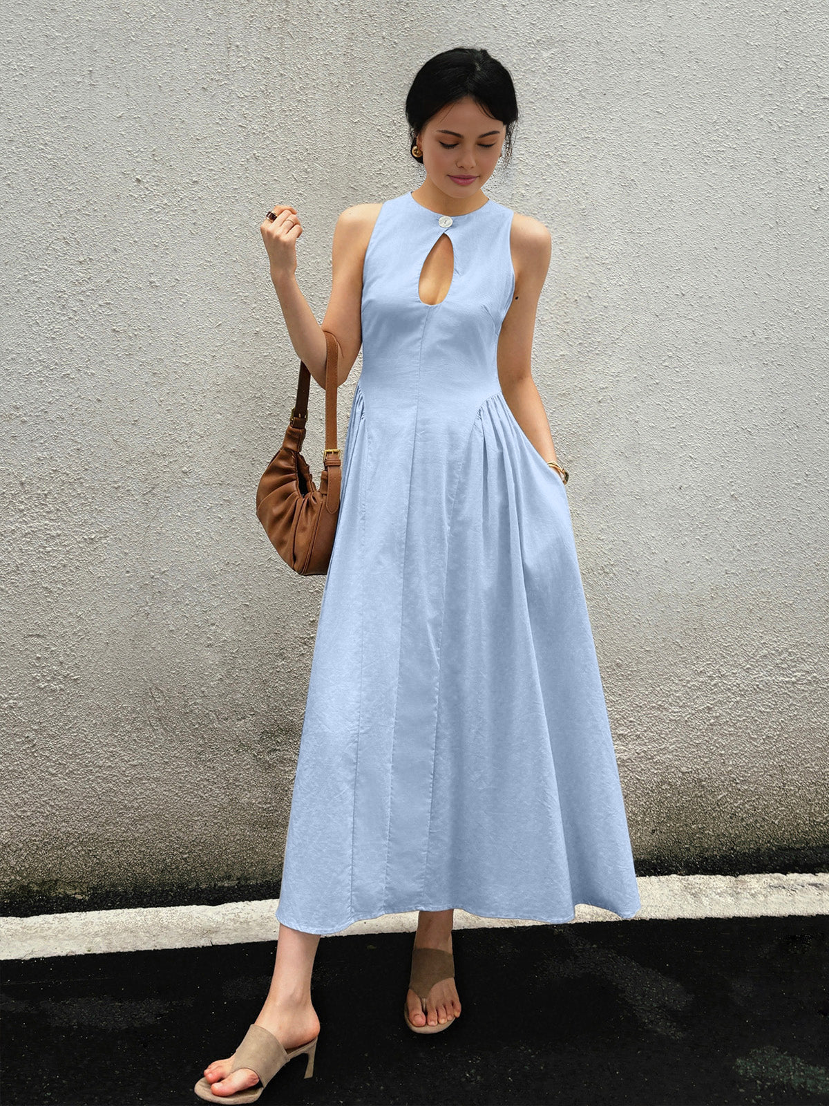Cotton and Linen Pleated Cutout Maxi Dress