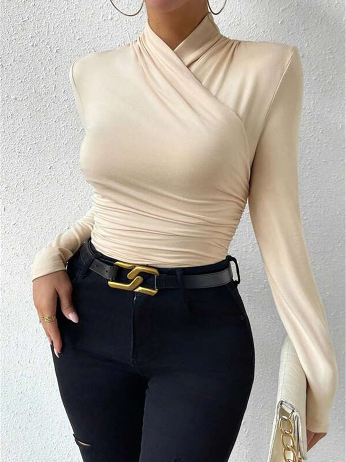 Crossover Collar Pleated Cinched T-Shirt