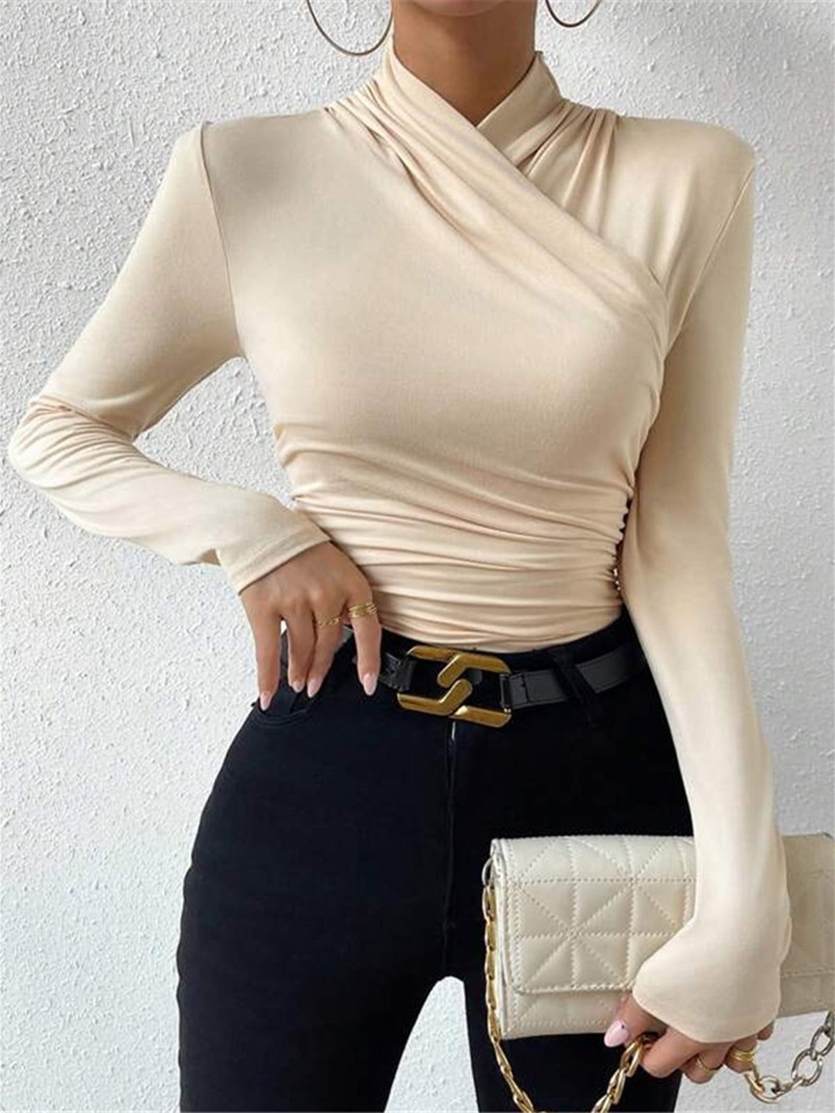 Crossover Collar Pleated Cinched T-Shirt