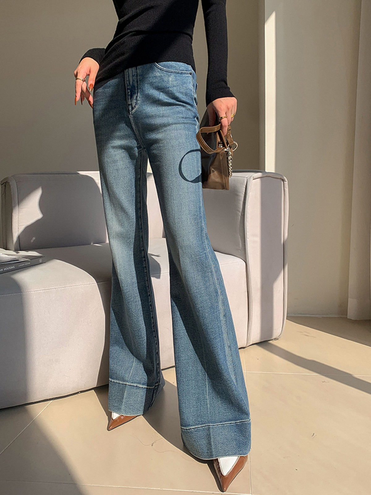 Washed Slim Fit Draped Denim Pants