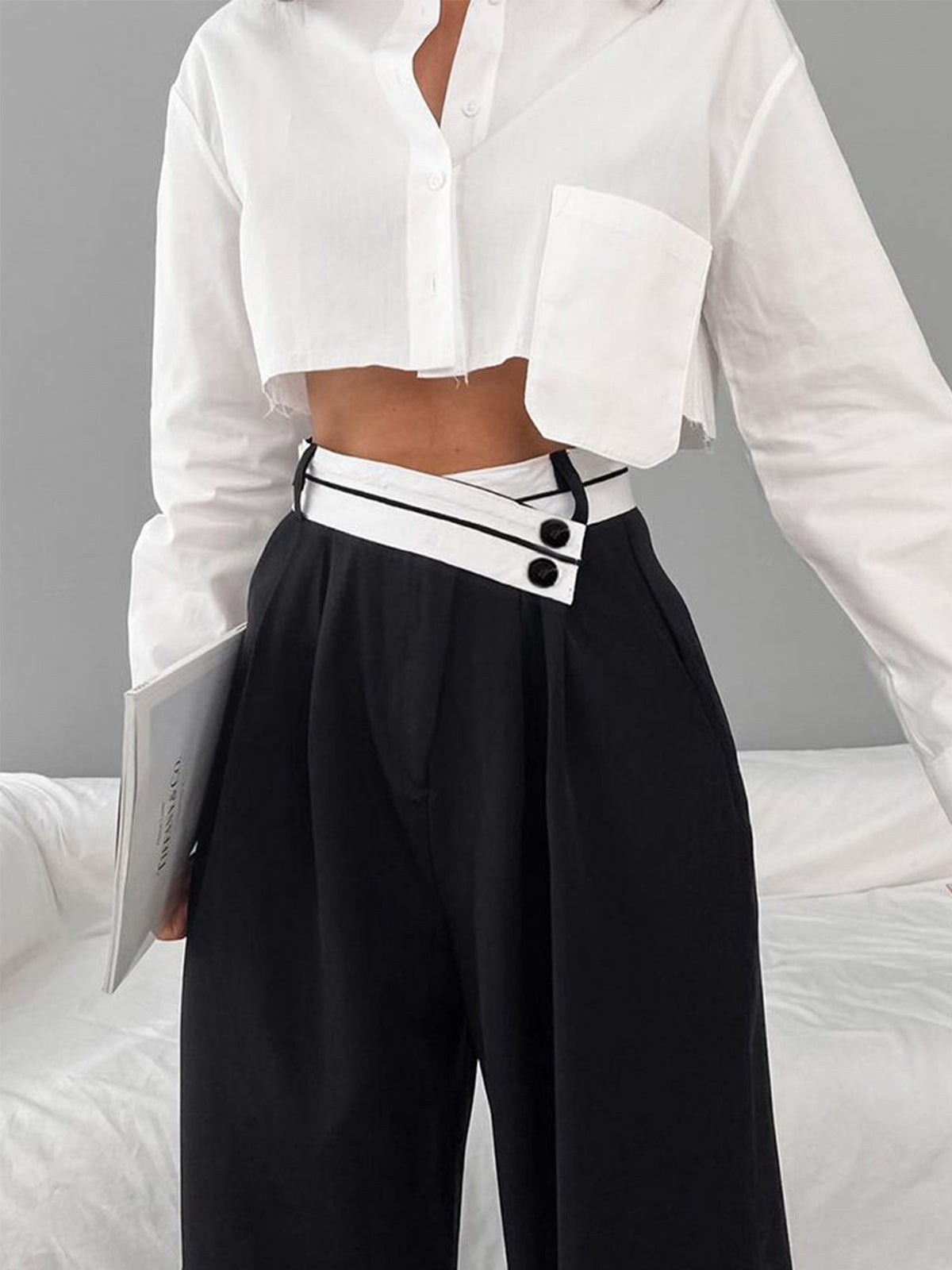 Asymmetrical Wide Leg Dress Pants with Contrast Waistband