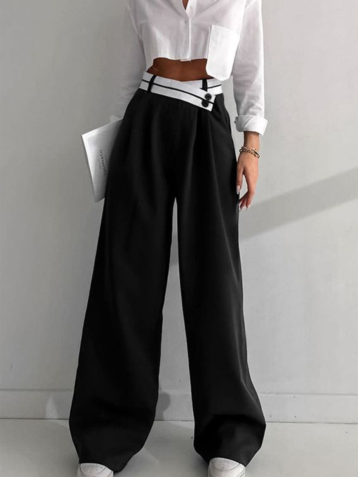 Asymmetrical Wide Leg Dress Pants with Contrast Waistband