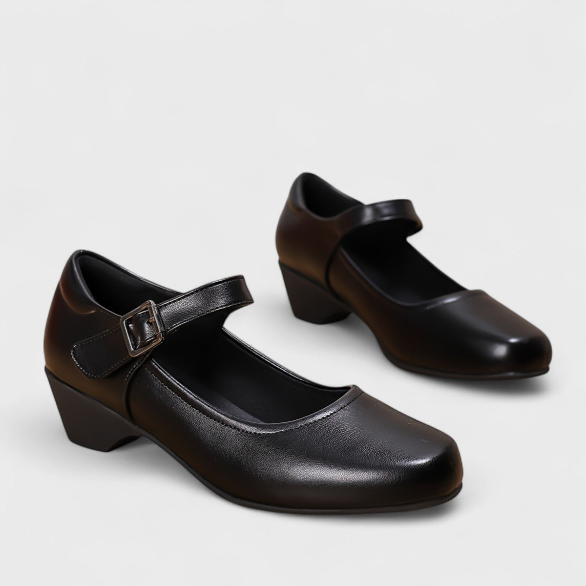 Black Leather Block Heel Mary Janes